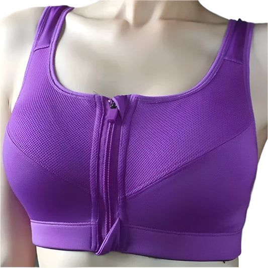 Zipper Sports Shockproof Push Up Crop Top, Plus Size Bra